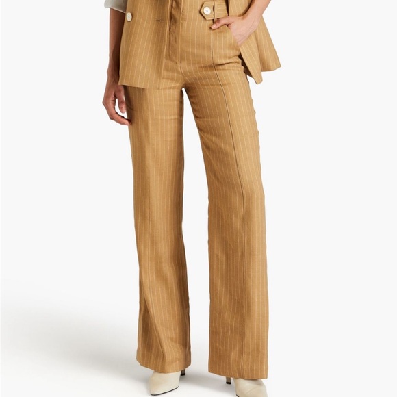 Veronica Beard Sunny Pinstripe Wide Leg Linen Waist Button Detail Pants - Picture 7 of 11